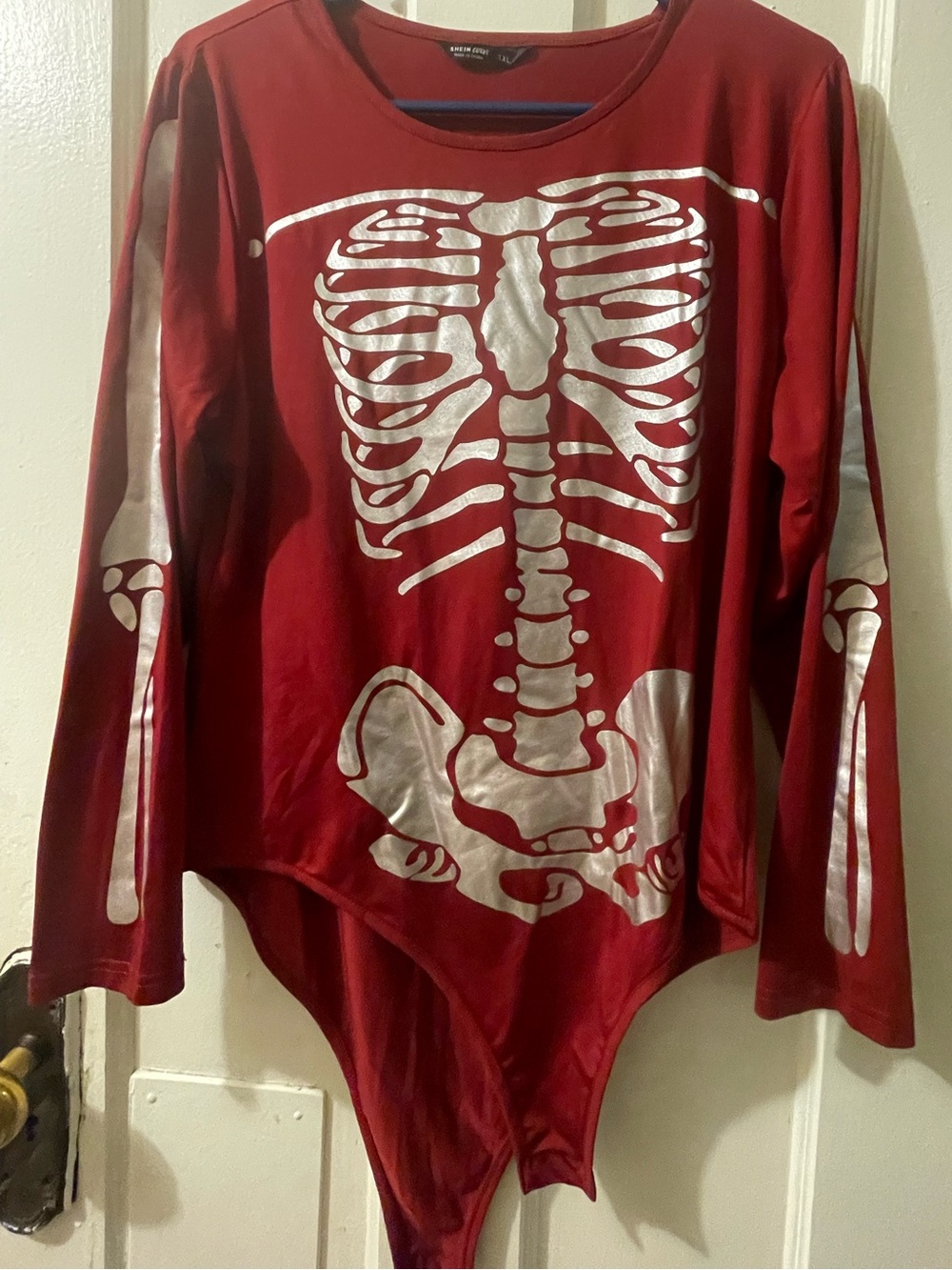 SHEIN Red Long Sleeve Skeleton Bodysuit with Silver Print